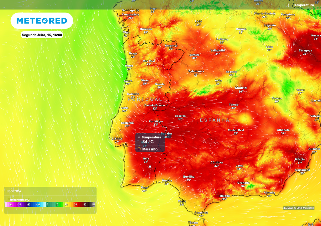 A próxima semana arranca com temperaturas máximas mais amenas face às que se registam nestes últimos dias, esperando-se valores máximos até 34 ºC, na segunda-feira, dia 15.