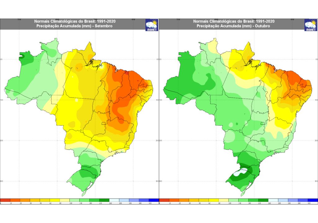 Médias climatológicas de chuva para Setembro (esquerda) e Outubro (direita).