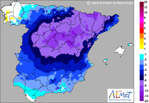 Variación de las temperaturas máximas para el día 18 de abril de 2013. Nótese el descenso de temperaturas máximas. Fuente: AEMET