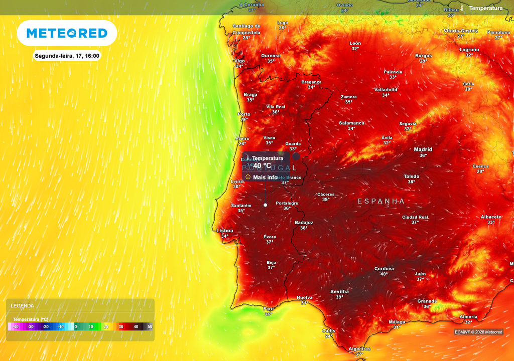 Temperatura O calor será intenso no arranque da semana, sobretudo no interior, onde várias regiões ultrapassarão os 30 ºC e o Vale do Tejo poderá aproximar-se dos 40 ºC. Junto ao litoral Norte e Centro, a influência atlântica manterá valores bastante mais amenos.