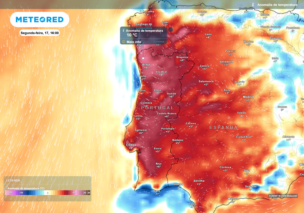 Segunda-feira (17) poderá ser um dos dias mais quentes da semana. Grande parte de Portugal apresenta desvios positivos, que localmente poderão atingir entre 6 e 10 ºC acima do habitual.