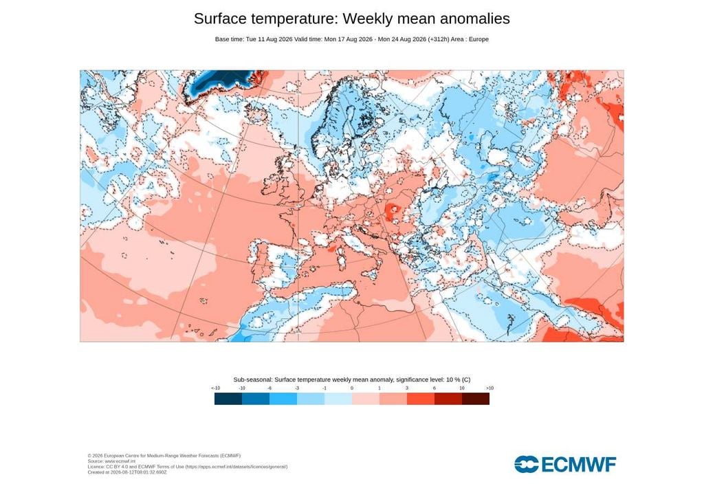 Anomalia média semanal da temperatura (17 a 24 de agosto) Apesar do alívio previsto para o final da semana, o ECMWF projeta uma temperatura média semanal acima do normal em Portugal. Os dias de calor intenso no início do período serão suficientes para elevar a média dos sete dias.