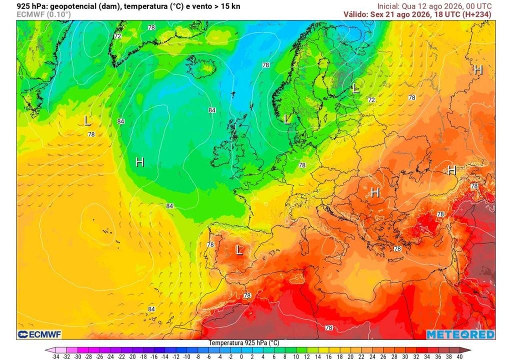Geopotencial e temperatura 925 hPa A chegada de uma massa de ar menos quente à Península Ibérica favorecerá a descida das temperaturas. A circulação em níveis baixos da atmosfera ajuda a explicar a mudança do padrão térmico prevista para o final da semana.