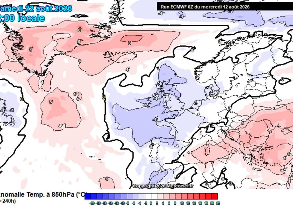 Anomalia da temperatura aos 850 hPa, dia 22 No sábado, grande parte de Portugal deverá apresentar temperaturas em altitude próximas da média climatológica. Depois dos valores excecionalmente elevados do início da semana, a diferença será sentida como um claro alívio térmico.