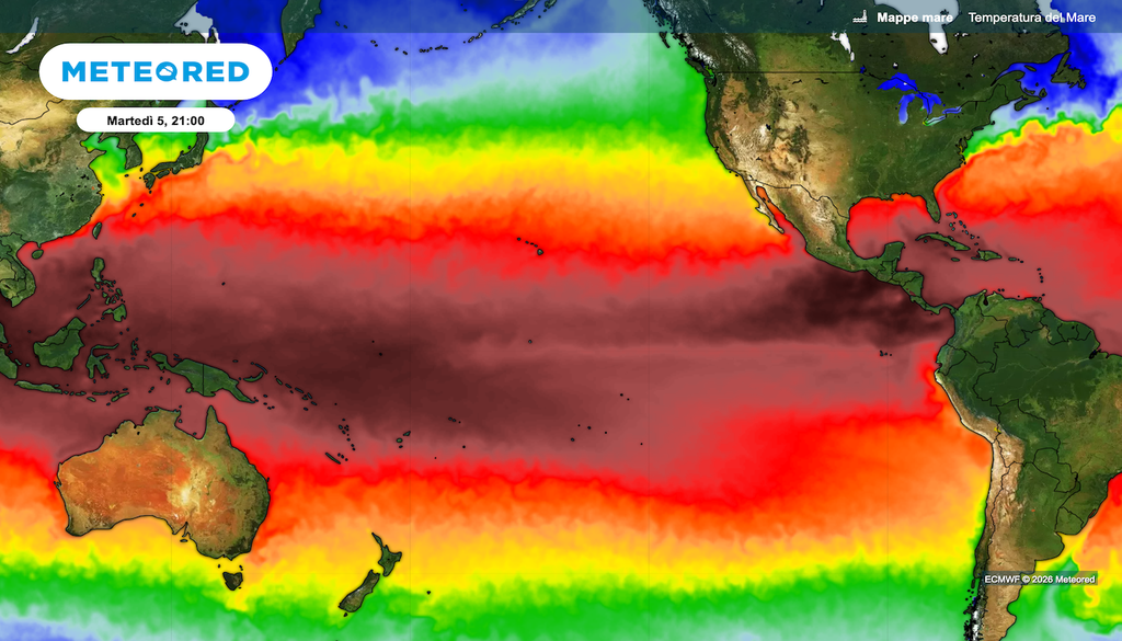 Il nostro modello vede già la fascia tropicale dell'Oceano Pacifico molto calda, ma la situazione potrebbe accentuarsi ulteriormente fra estate e autunno. si va verso un evento El Niño fra forte ed estremo.