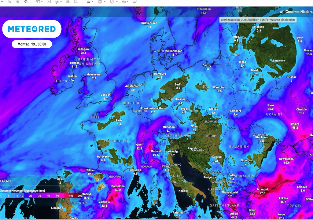 Das ECMWF bestätigt den trockenen Trend: Bis Montag fallen in weiten Teilen Deutschlands lediglich 1 bis 7 Liter Regen pro Quadratmeter. Mit Blick auf Dürre und Niedrigwasser wäre nach einer sinnvollen neuen Definition gerade Regen das wirklich „gute Wetter“ – doch davon kommt erneut zu wenig.