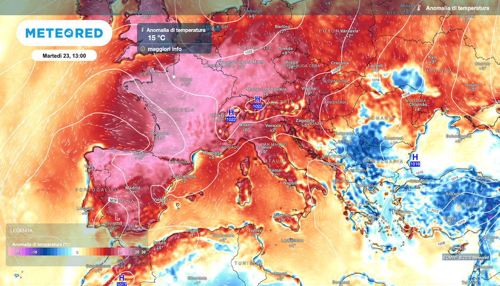 La mappa delle anomalie termiche è uguale estate e inverno, qua il rosso non significa caldo in termini assoluti ma relativi, rispetto alla media climatica.