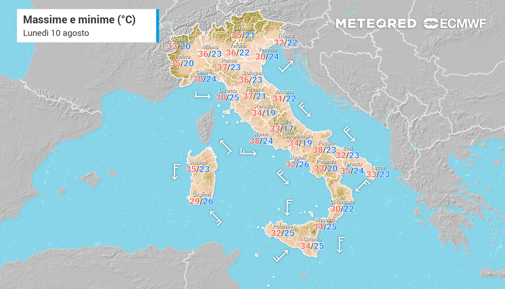 temperature italia 10 agosto 2026 Le temperature massime previste in Italia lunedì 10 agosto 2026.