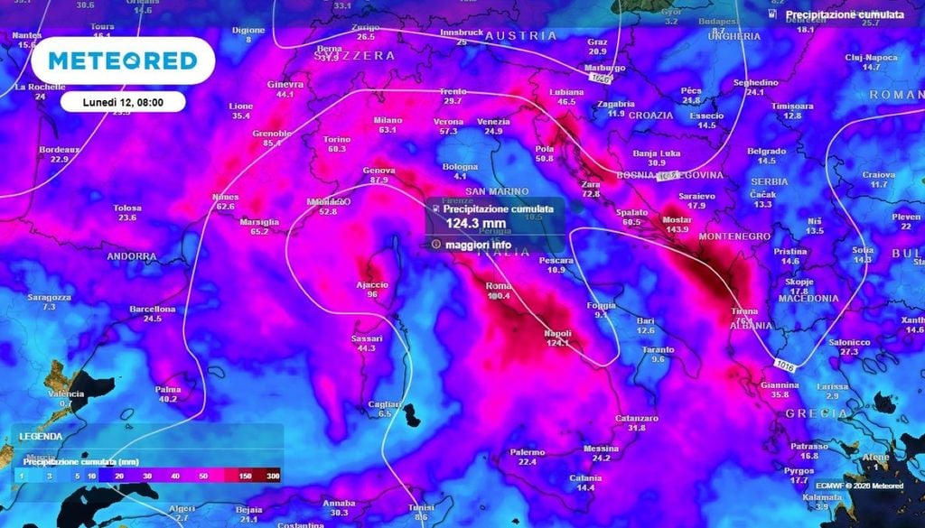 Gli accumuli complessivi di pioggia attesi nei prossimi giorni lungo le coste tirreniche.