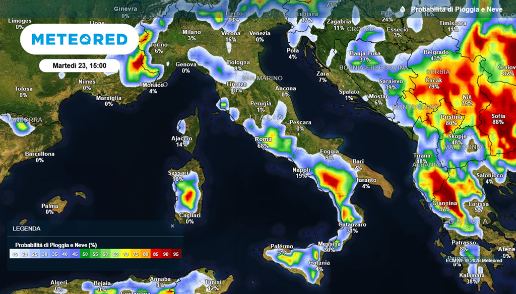 La mappa di probabilità di temporali nel pomeriggio di martedì 23 giugno 2026.
