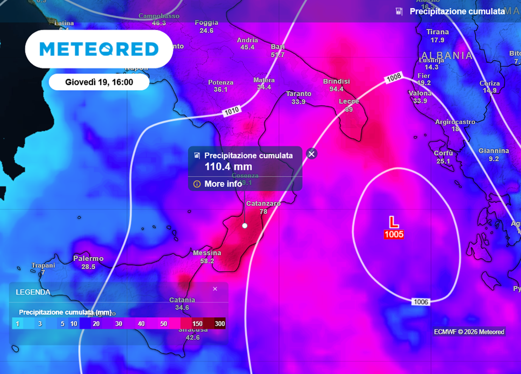 Piogge cumulate al Sud tra martedì e giovedì.