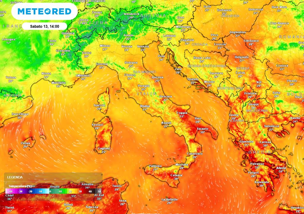Temperature massime sabato 13 largamente comprese tra 24 e 29°C, ancora un poco più caldo al Sud