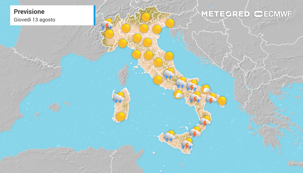 Le previsioni del tempo per giovedì 13 agosto in Italia.