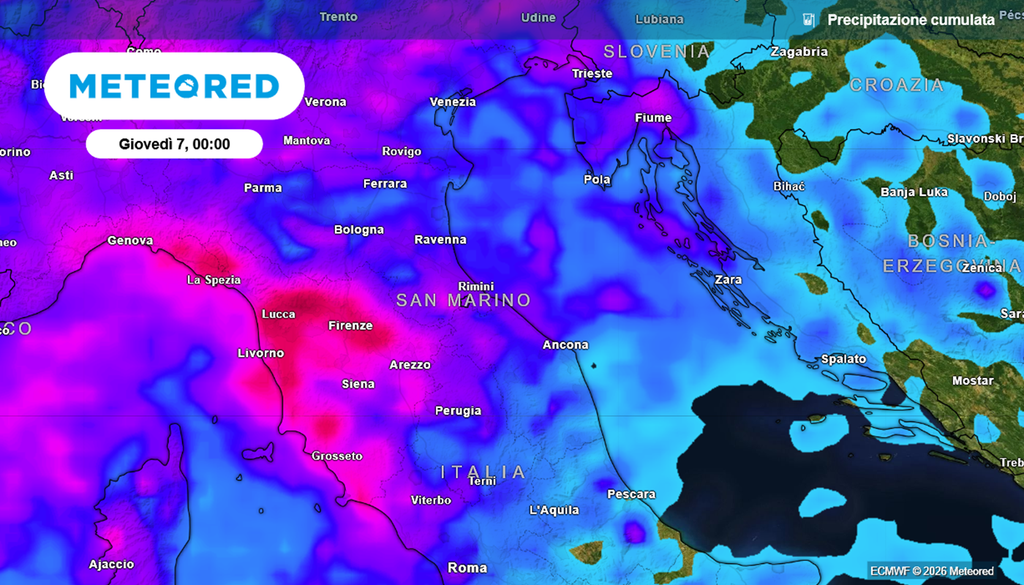 Le precipitazioni cumulate previste entro giovedì sull'Italia: picchi di oltre 120 mm in Toscana, oltre 80 mm in Liguria.