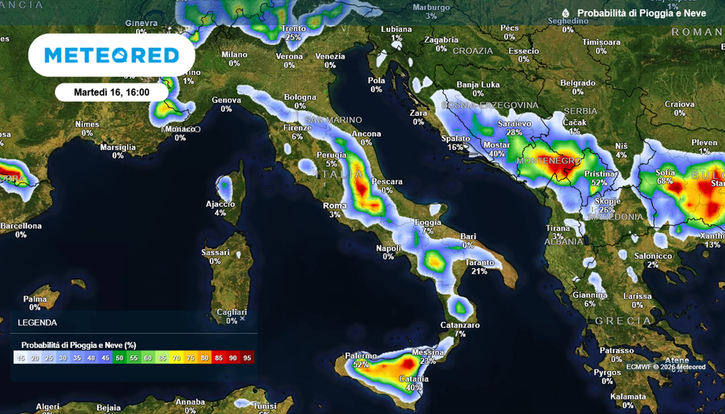 La probabilità di temporali nel pomeriggio di martedì 16 giugno 2026.