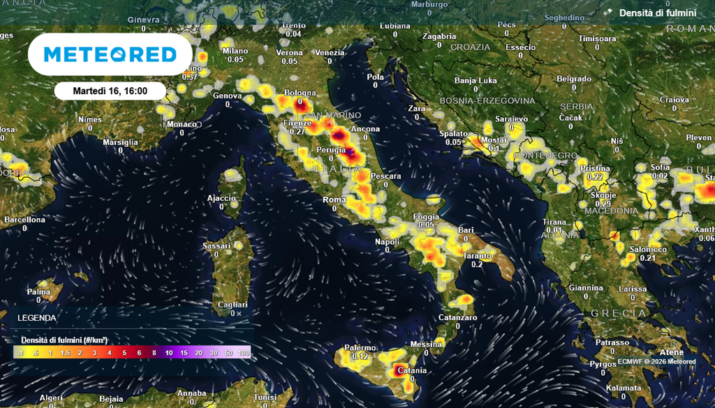 temporali italia martedì 16 giugno 2026 La densità di fulmini prevista nel pomeriggio di martedì 16 giugno: molti temporali da nord a sud.