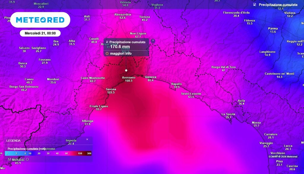 Le piogge previste in Liguria nelle prossime 24 ore dal modello europeo.