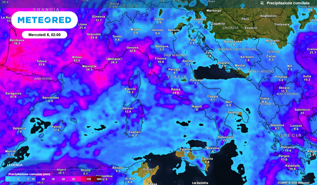Pioggia cumulata in Italia nel corso dei prossimi giorni.