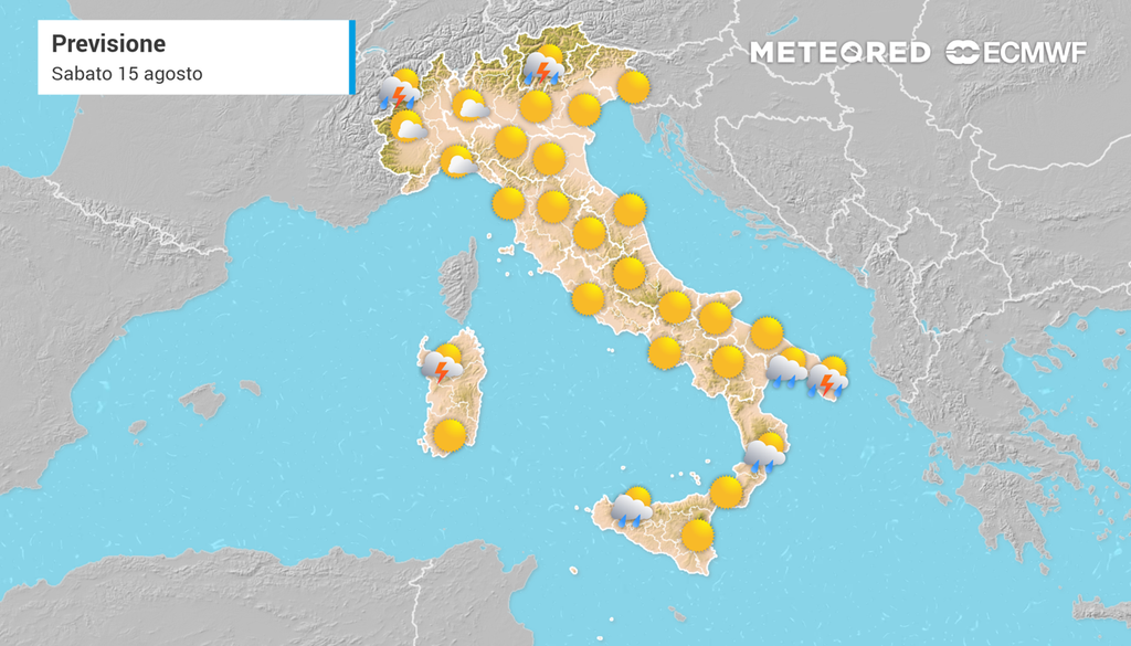 Le previsioni del tempo per sabato 15 agosto 2026.