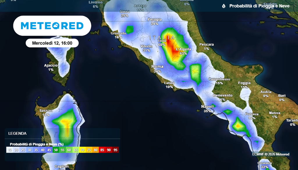 La probabilità di pioggia oggi pomeriggio nel centro-sud Italia e in Sardegna.