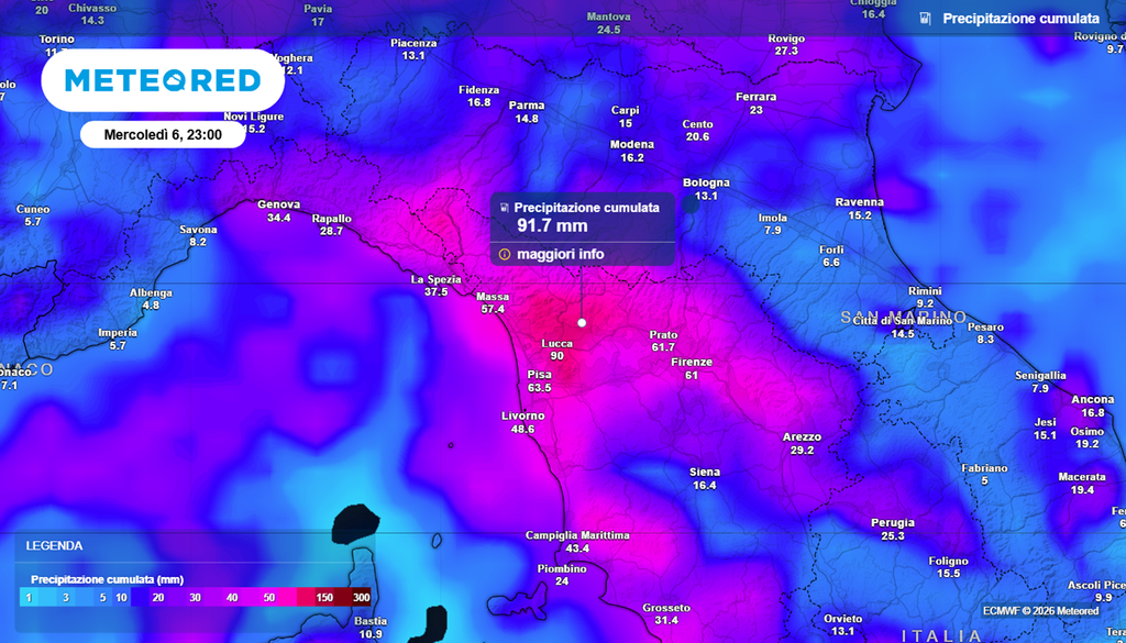 Piogge molto abbondanti previste nella giornata di mercoledì 6 maggio su Toscana e altre aree del centro-nord.