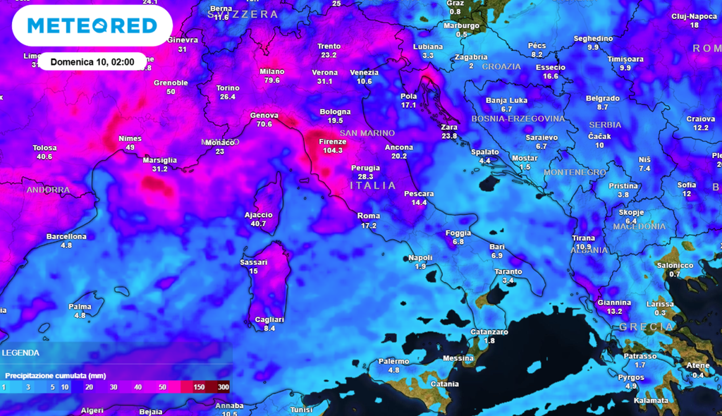 Accumuli di pioggia previsti dal modello ECMWF fino a tutto sabato sull'Italia.