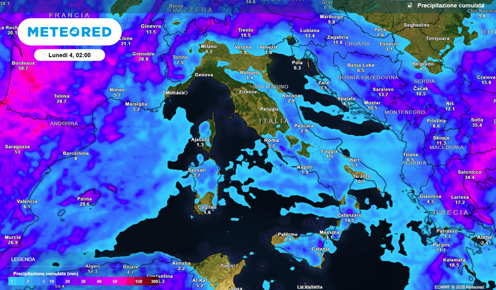 Pioggia cumulata in Italia nel corso di questa settimana.