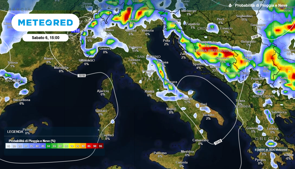 Le zone interessate per le piogge e temporali di sabato pomeriggio.