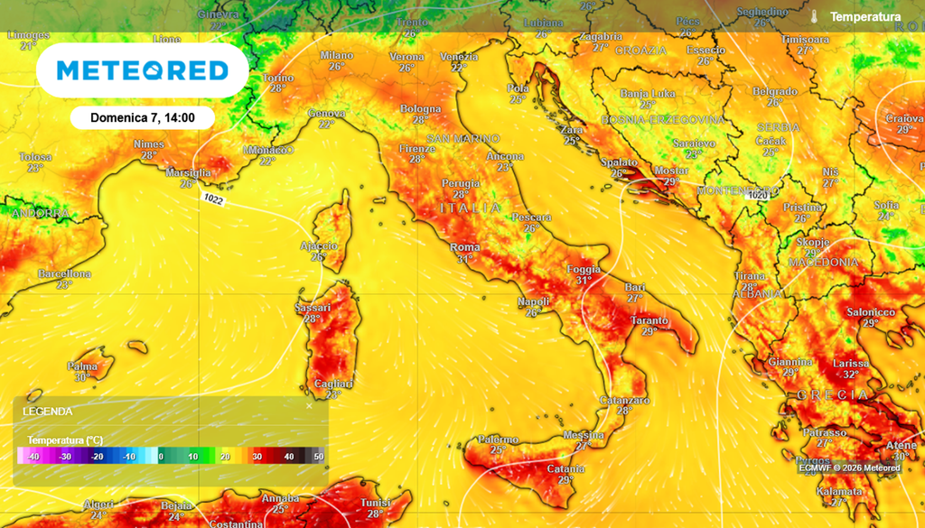 Valori sopra la media su gran parte dell’Italia, con scarti più marcati tra Nord-Ovest, Sardegna e regioni tirreniche.