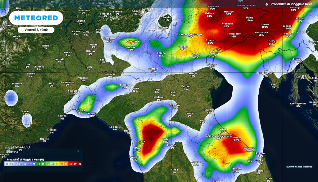 Probabilità di piogge in questa mattina del 5 giugno 2026 al Nord.