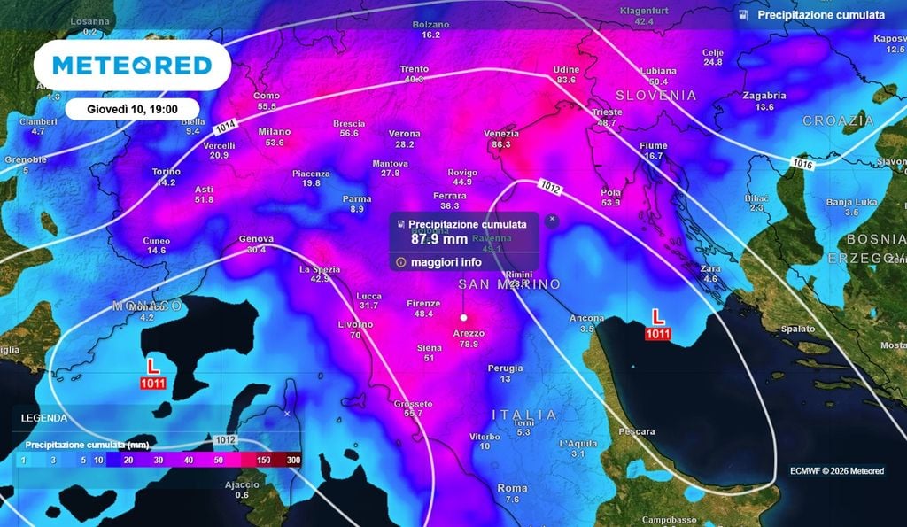 Piogge cumulate nella giornata di giovedì secondo le previsioni del modello europeo ECMWF.