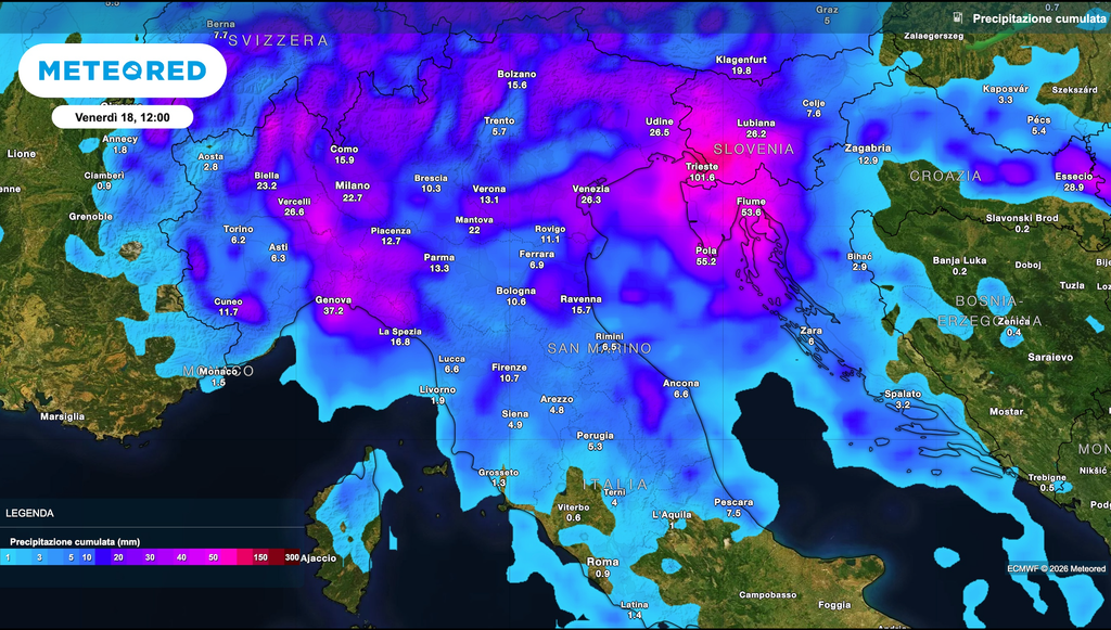 Mappa relativa agli accumuli di pioggia previsti nelle prossime ore