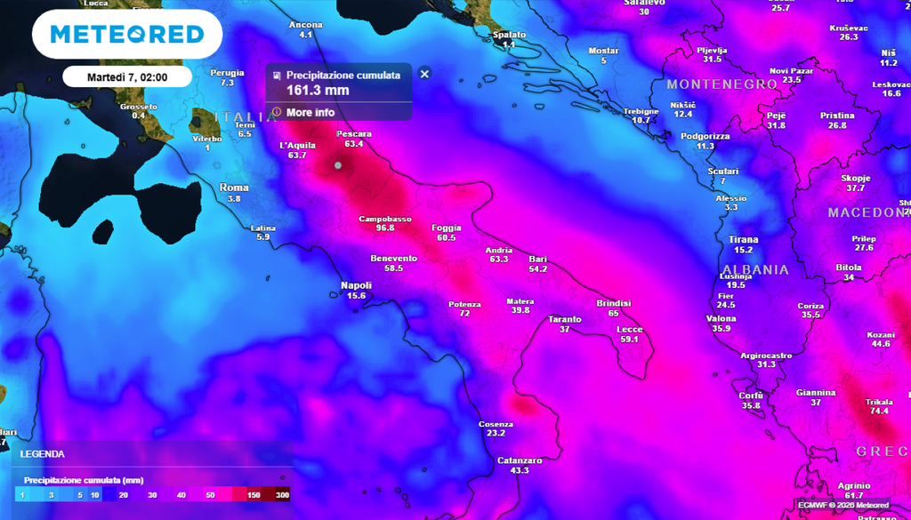 Piogge, ciclone Erminio. Le piogge e i temporali non saranno da meno neppure fra Abruzzo, Molise, Puglia, Basilicata, Calabria e Sicilia, dove fra oggi e domani l’occlusione di Erminio porterà ad accumuli pluviometrici abbondanti.