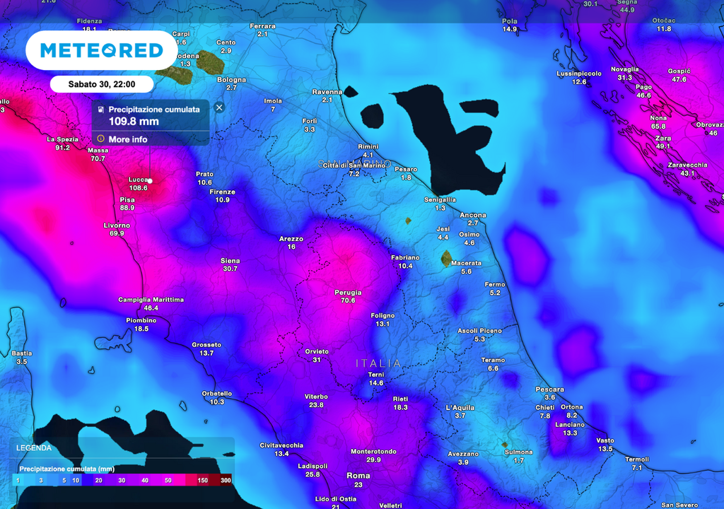 Accumuli pluviometrici previsti fino a sabato superano localmente i 100 mm.