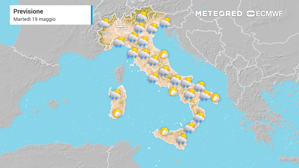 Il meteo in Italia martedì 19 maggio 2026. Fonte: Meteored Italia.