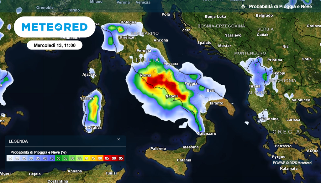 La probabilità di precipitazioni nel pomeriggio di mercoledì 13 maggio 2026.