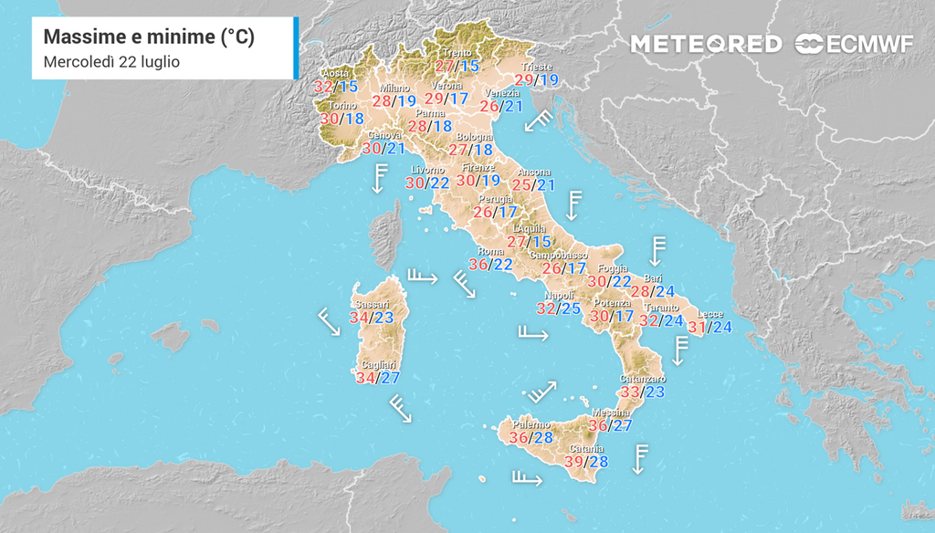 previsioni meteo Le temperature massime e minime del 22 luglio in Italia.