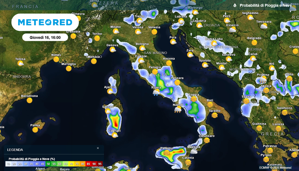 Probabilità di piogge nel pomeriggio di giovedì 16 aprile 2026.