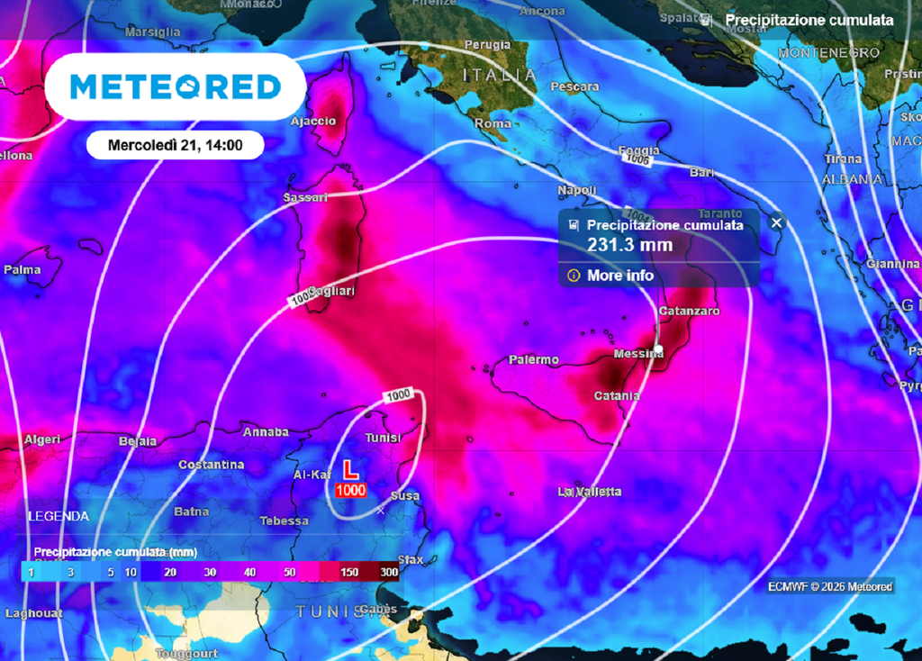 Le precipitazioni cumulate previste fino a mercoledì 21 sul Sud Italia.