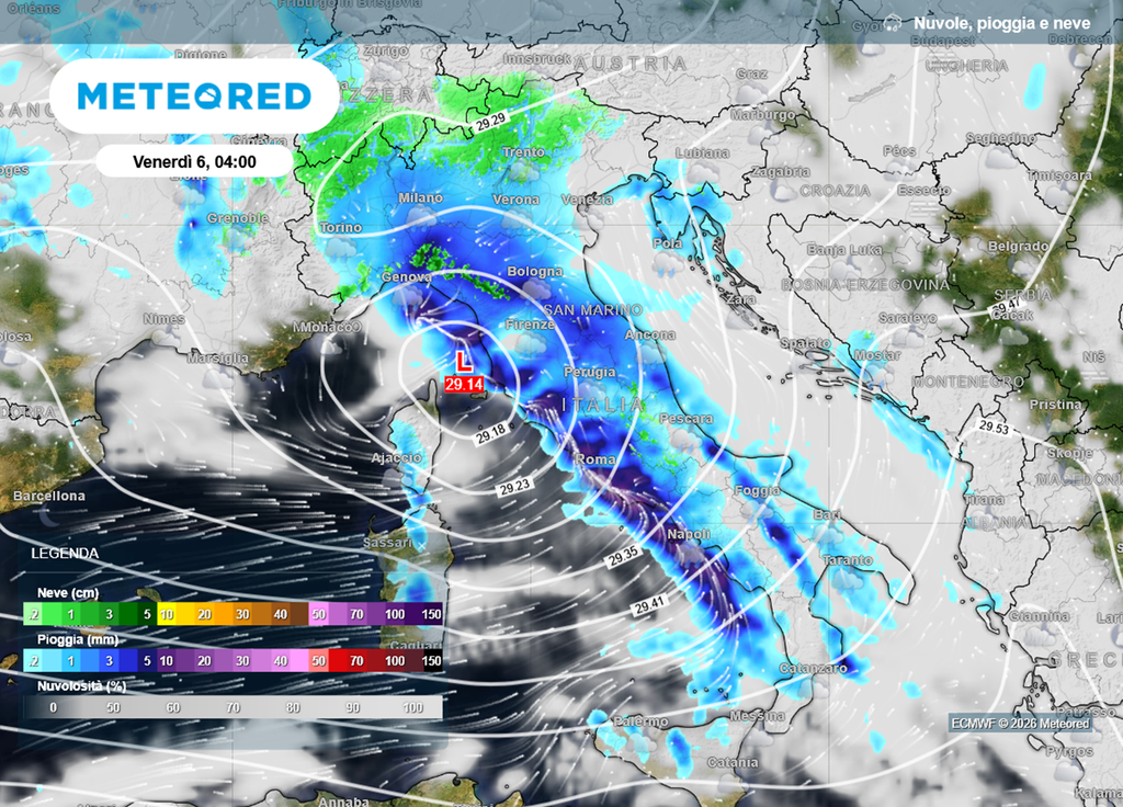 Nella notte tra giovedì 5 e venerdì 6 febbraio avremo forte maltempo sull'Italia, specie sul versante tirrenico.