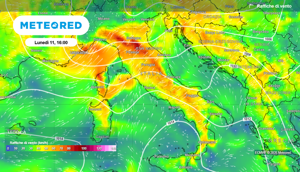 Le raffiche di vento previste sull'Italia oggi, lunedì 11 maggio: attenzione, venti fino a burrasca.