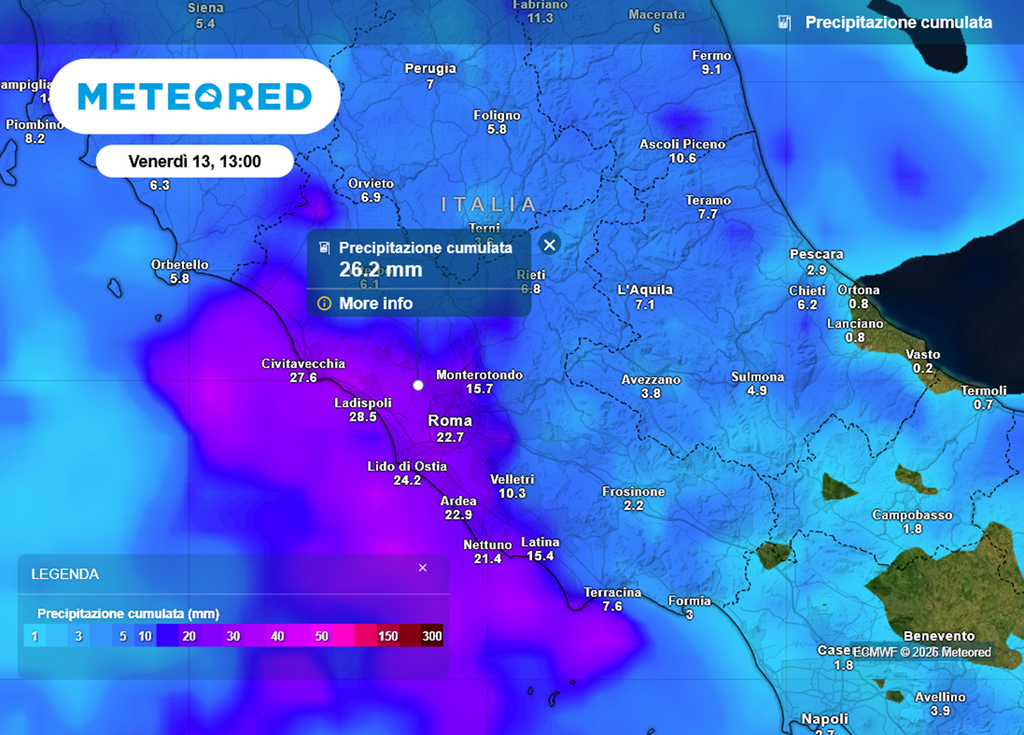 Precipitazioni cumulate previste tra giovedì 12 e venerdì 13 marzo 2026 sul Lazio.