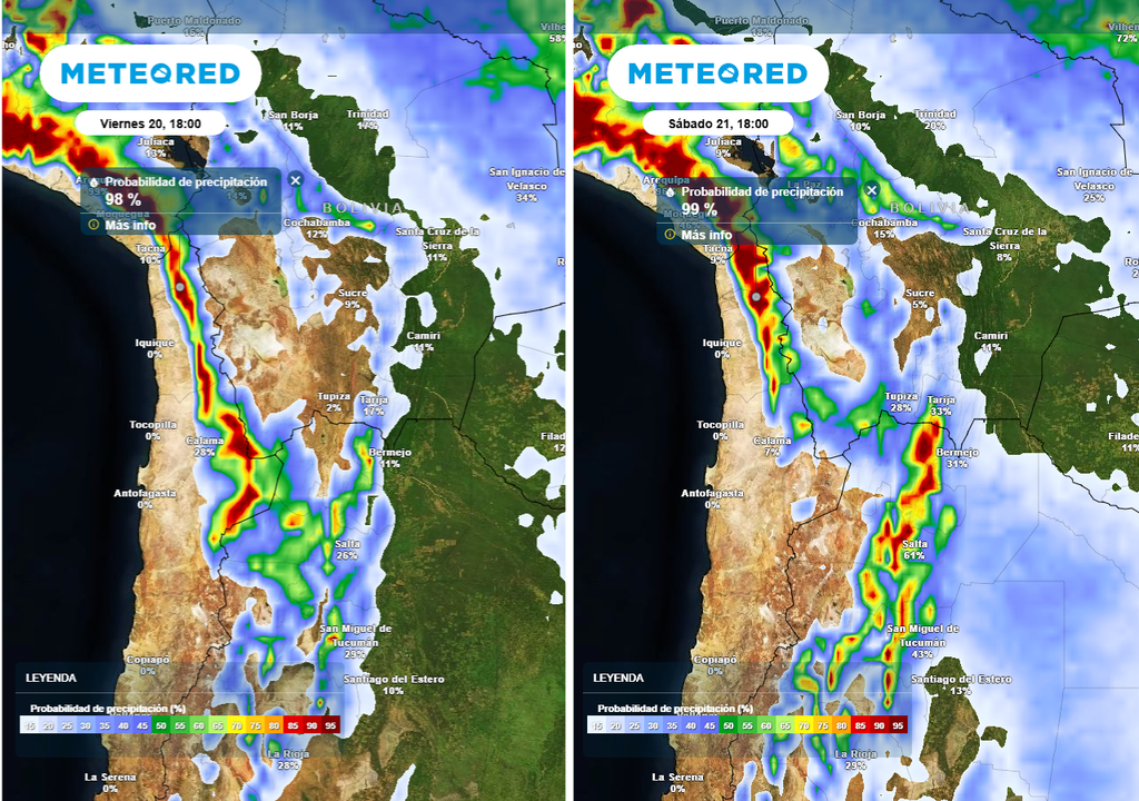 Probabilidad de precipitación (%) para las tardes de los días viernes 20 (imagen izquierda) y sábado 21 de febrero 2026 (imagen derecha) en la zona norte de Chile.
