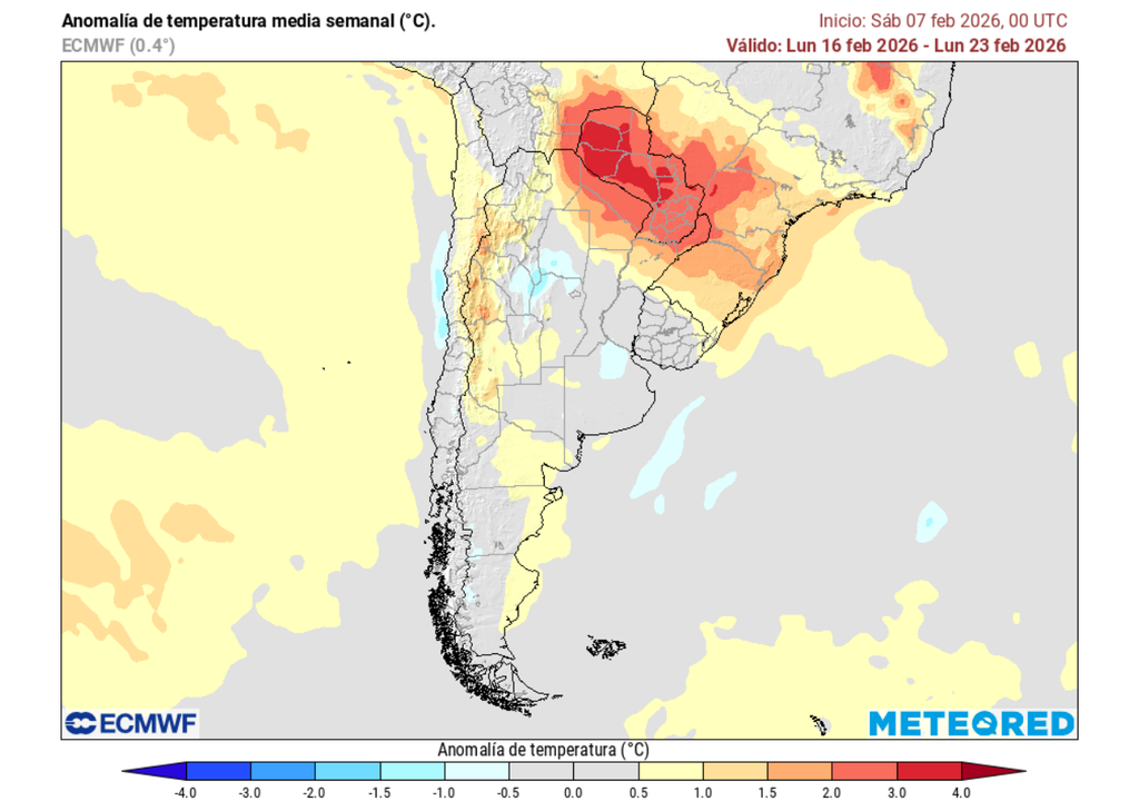 Anomalía semanal de temperatura del aire (°C) del 16 al 23 de febrero 2026 en Chile.