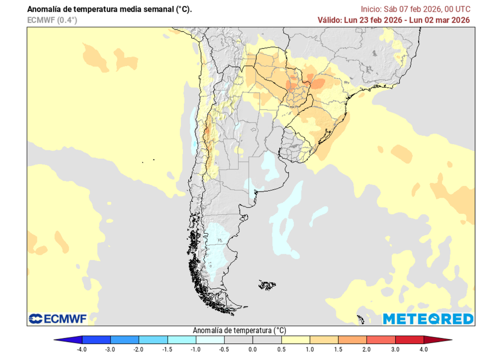 Anomalía semanal de temperatura del aire (°C) del 23 de febrero al 02 de marzo 2026 en Chile.