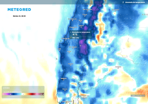Alta fr&iacute;a golpear&aacute; a Chile centro-sur este martes 23 con helada matinal de -4 &deg;C y rachas de viento sobre los 40 km/h
