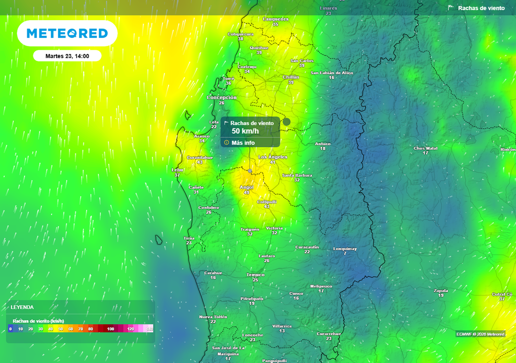 Alta fría llegará con rachas de viento de 40 km/h a Chile centro-sur Rachas de viento (km/h) para la tarde del martes (23) en las regiones de Ñuble, Biobío y La Araucanía.