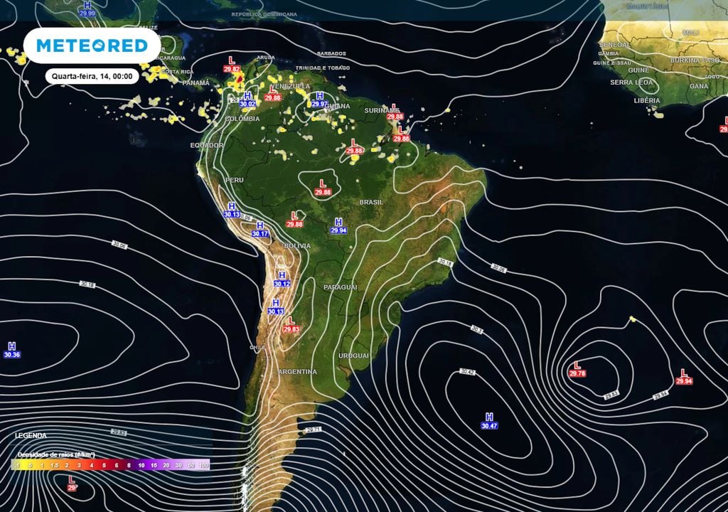 Previsão de pressão atmosférica e densidade de raios nesta quarta-feira durante a tarde. Previsão de pressão atmosférica e densidade de raios nesta quarta-feira durante a tarde.