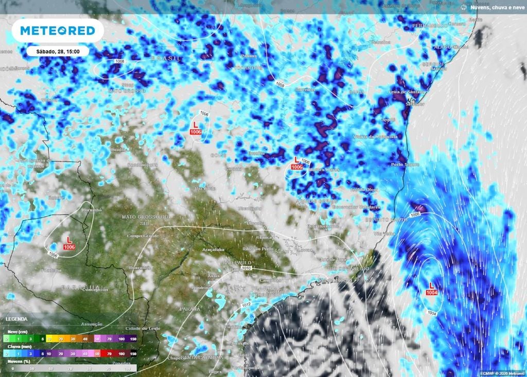 Previsão de precipitação (em mm) para sábado (28) à tarde (15h), segundo o modelo europeu ECMWF.
