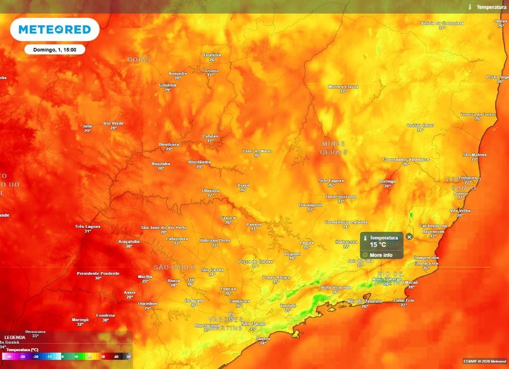 Previsão de temperatura máxima (em °C) para domingo (1º) à tarde (15h), segundo o modelo europeu ECMWF.